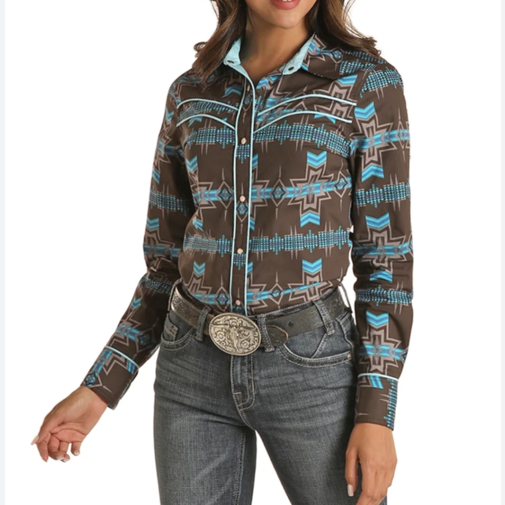 Rock & Roll Denim Cowgirl Southwestern Button Up Shirt size L Black Teal